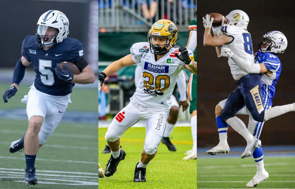 Das Bild ist eine Montag aus Bilder von drei Footballspielern nebeneinander. Das linke Bild zeigt US-Receiver Chandler Smith im blauen Jersey der Samford University Bulldogs. Er trägt den Football im linken Arm. Das mittlere Bild zeigt Defensive Back Angelo Druck in der weißen Uniform der Dresden Monarchs. Das rechte Foto zeigt den englischen Receiver Anousheh Fulford beim Fangen in einem Spiel der englischen Nationalmannschaft – erkennbar am weißen Helm mit dem goldenen Löwen darauf, dem weißen Trikot und der dunkelblauen Hose. Er springt auf dem Bild höher als der italienische Verteidiger und fängt so den Football.